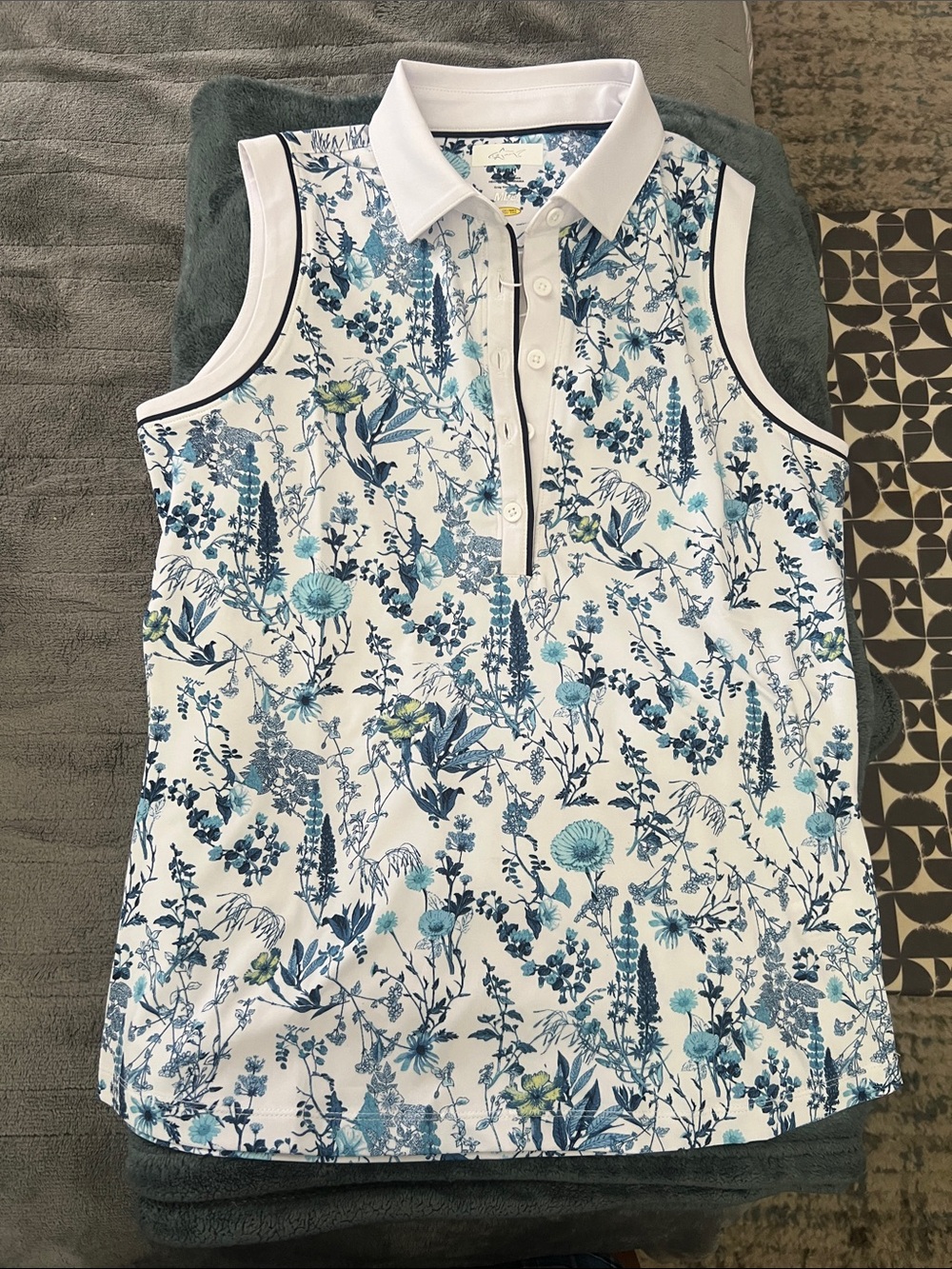 Greg Norman Collection White Floral Sleeveless Polo with Blue Print